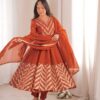 Fancy Orange Crunchy Silk Embroider Work Anarkali Suit