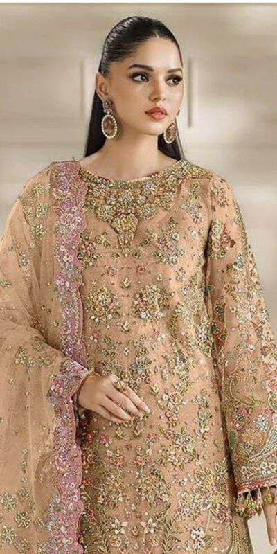 Fancy Peach Chiffon Sequins Work Salwar Suit