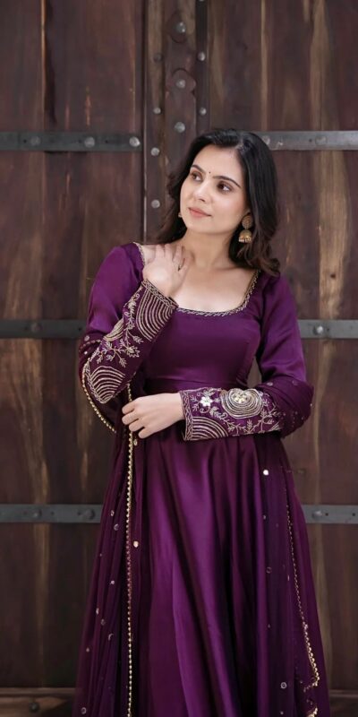 Fancy Purple Upada Silk Embroidery Work Gown