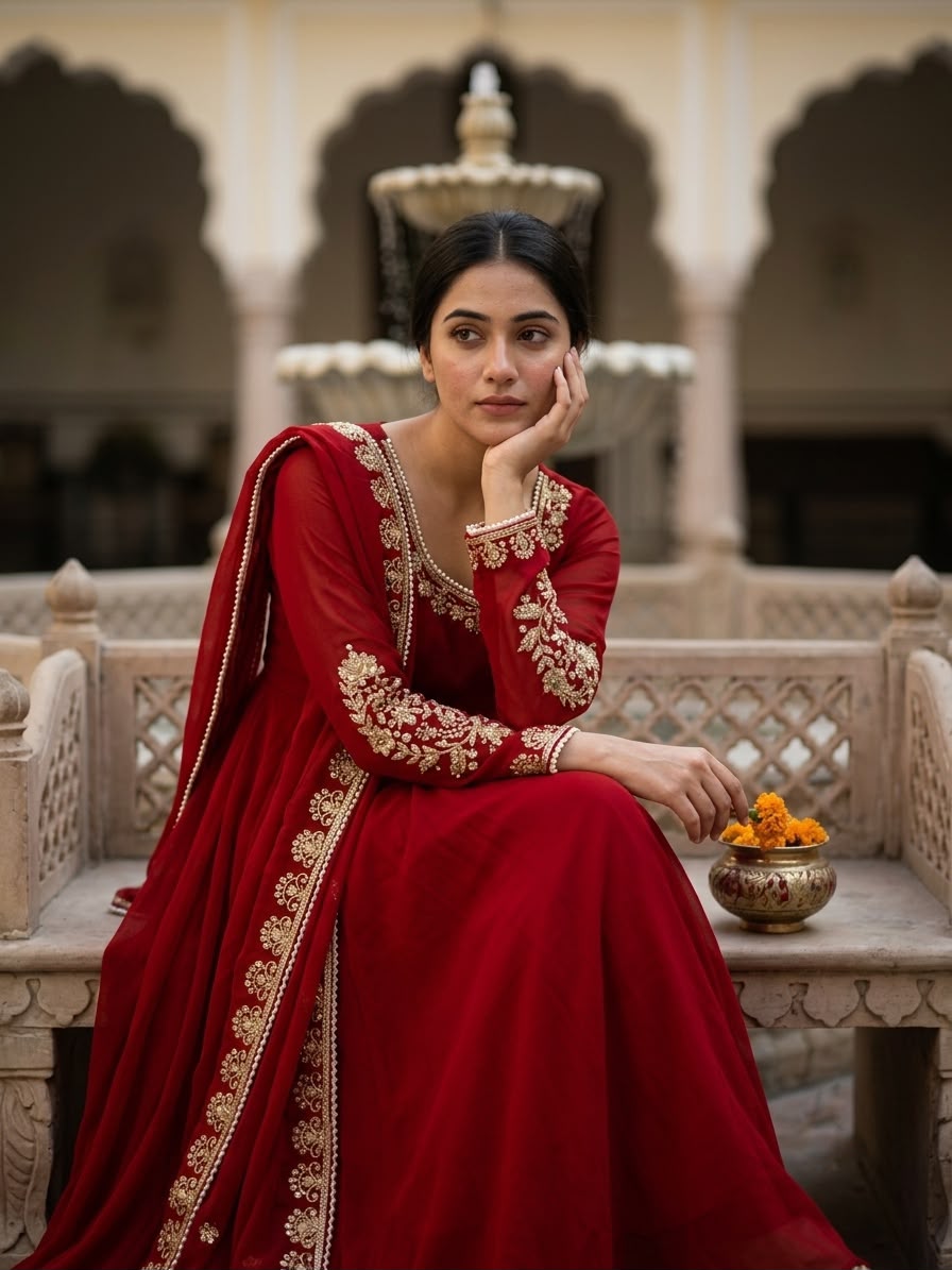 Fancy Red Faux Georgette Sequence Work Gown