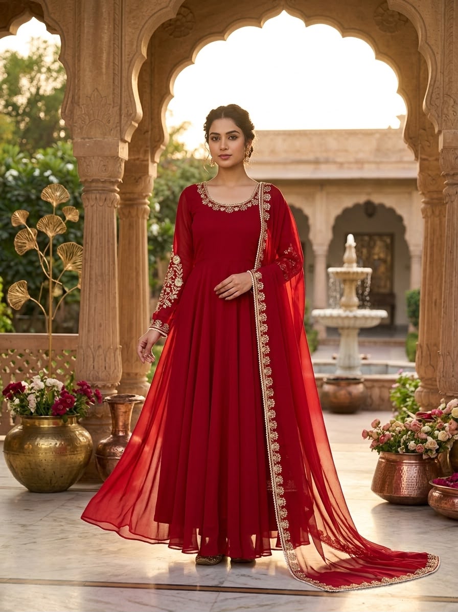 Fancy Red Faux Georgette Sequence Work Gown
