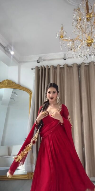 Fancy Red Faux Georgette Sequence Work Gown