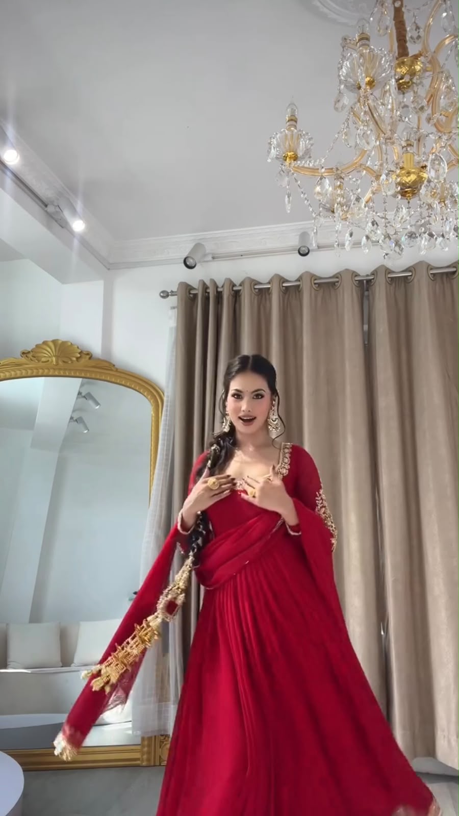 Fancy Red Faux Georgette Sequence Work Gown