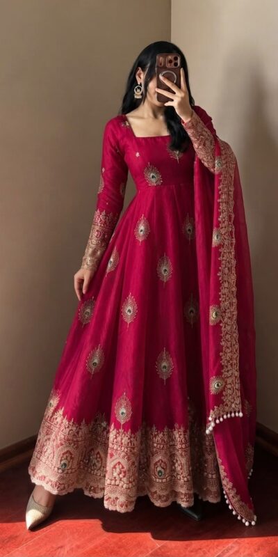 Fancy Red Fendy Silk Sequins Work Gown