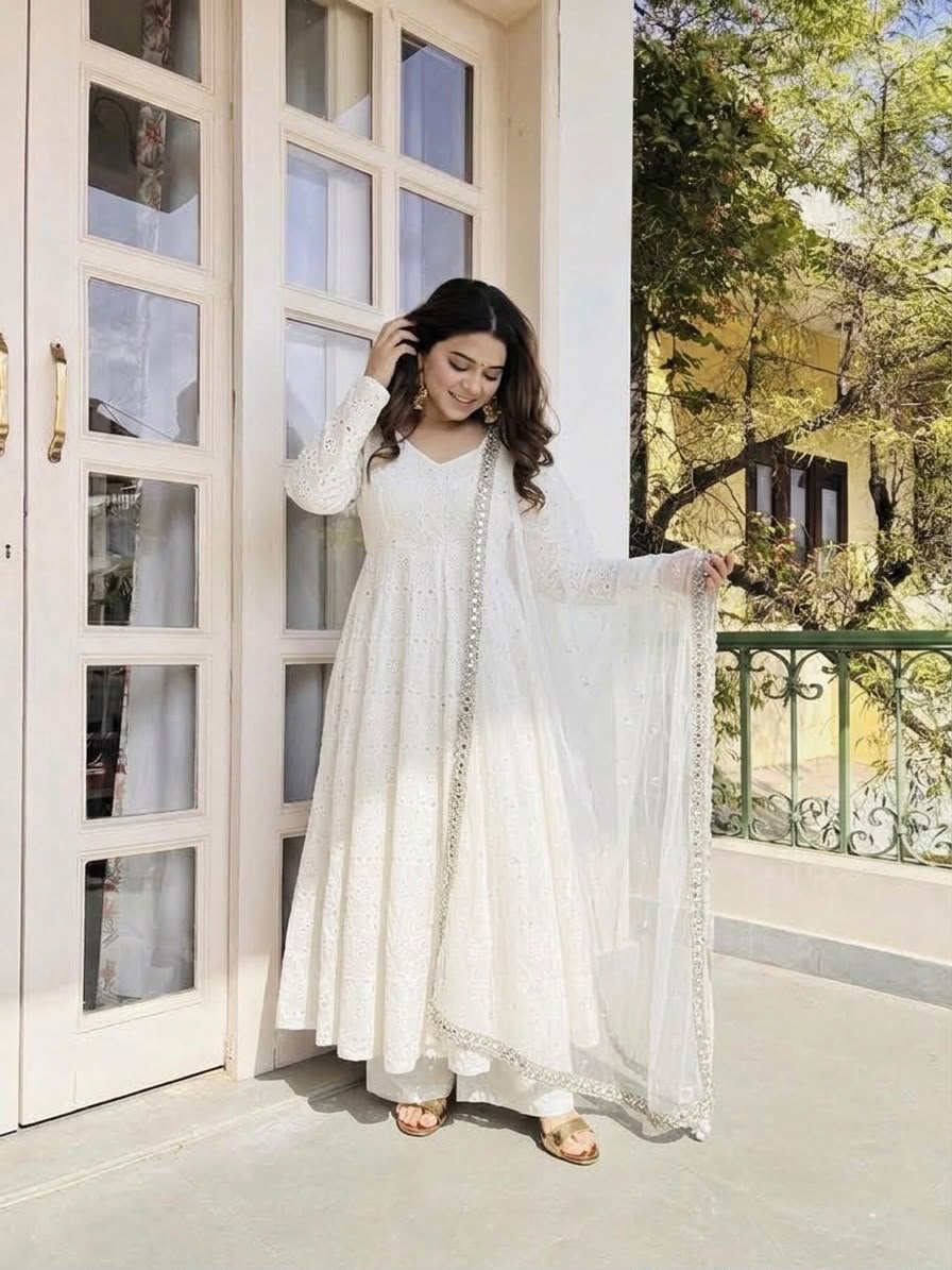 Fancy White Cotton Chiefly Work Salwar Suit