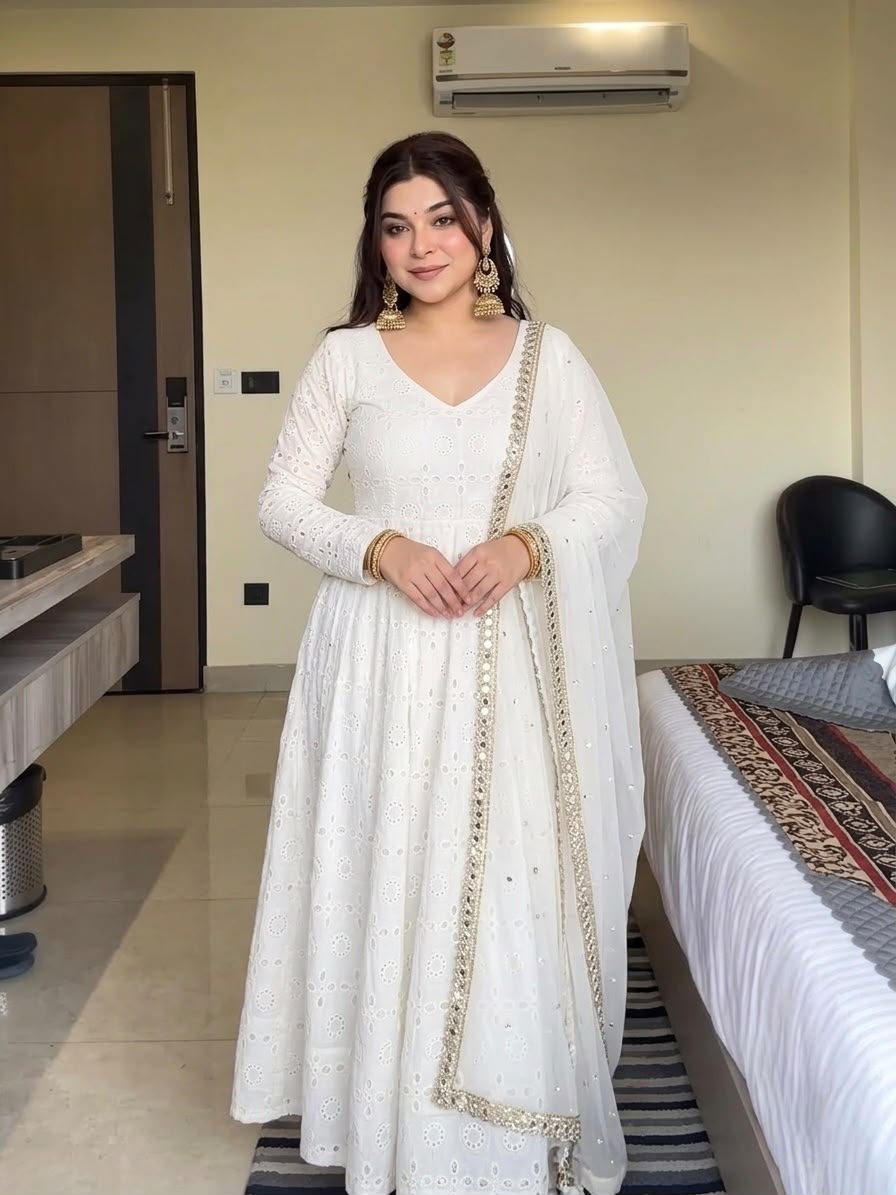 Fancy White Cotton Chiefly Work Salwar Suit
