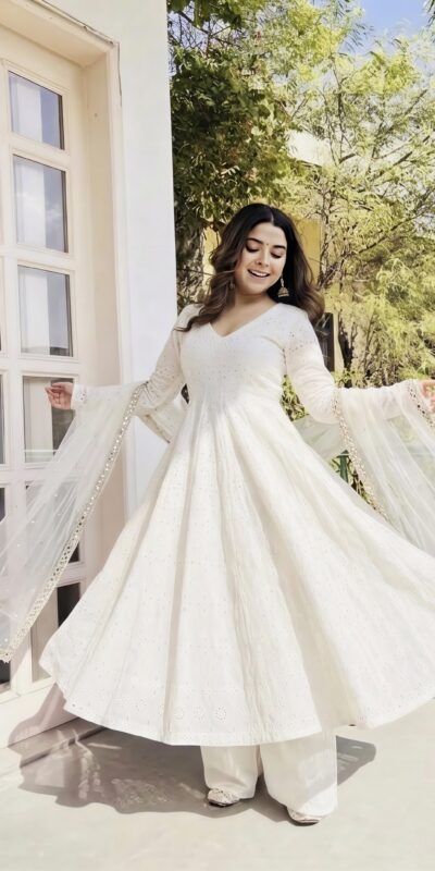 Fancy White Cotton Chiefly Work Salwar Suit