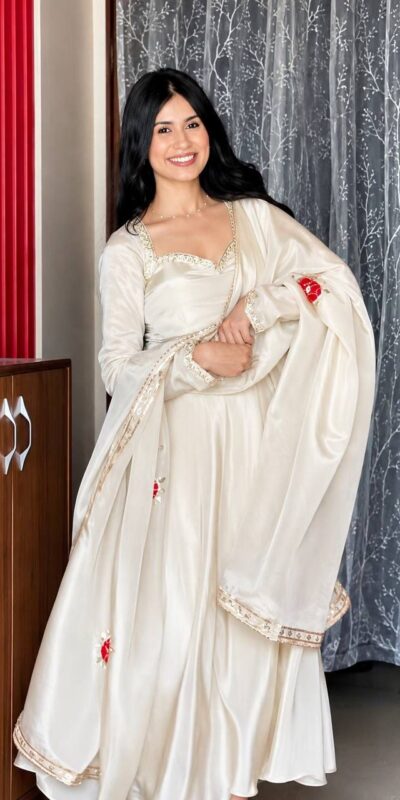 Fancy White Upada Silk Embroidery Work Gown