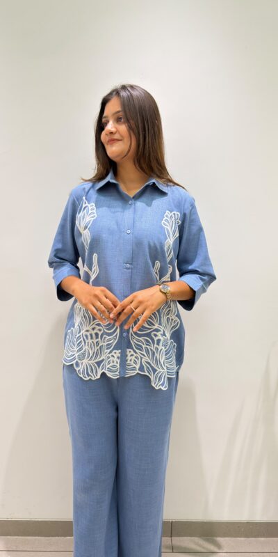 Glowing Blue Cotton Denim Embroider Work Kurti