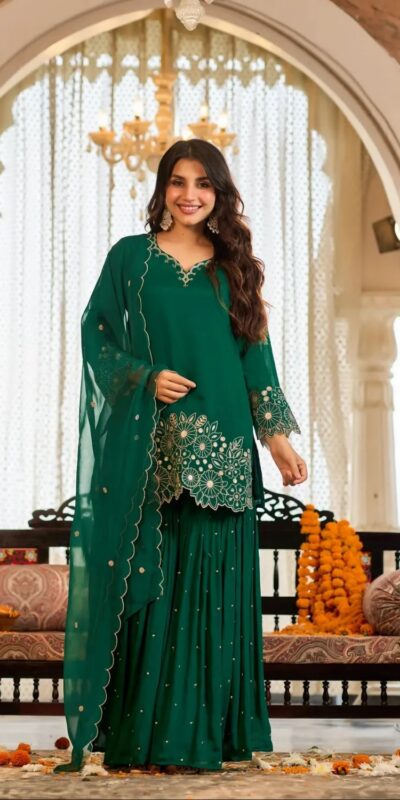 Glowing Green Chinon Silk Sequence Work Salwar Suit