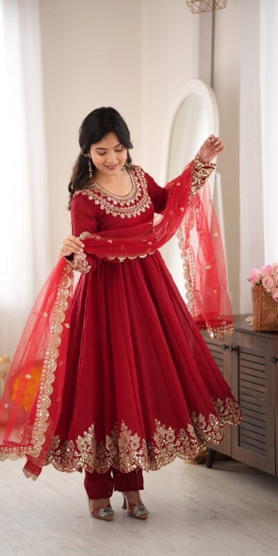 Glowing Maroon Doremon Crush Sequence Work Gown