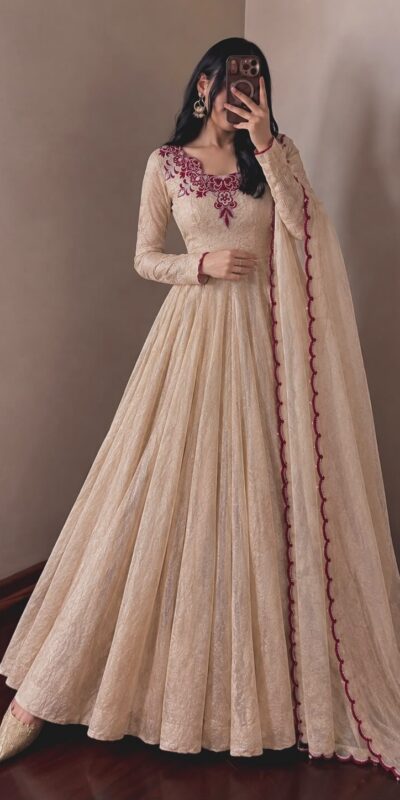 Glowing Maroon Doremon Crush Thread Work Gown