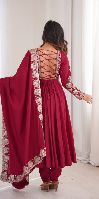 Glowing Maroon Roman Silk Embroidery Work Anarkali Suit