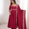 Glowing Maroon Roman Silk Embroidery Work Anarkali Suit