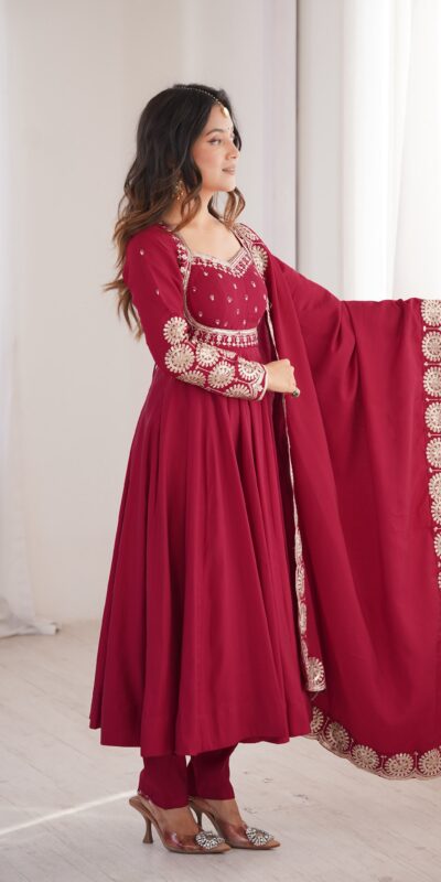 Glowing Maroon Roman Silk Embroidery Work Anarkali Suit