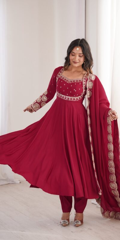 Glowing Maroon Roman Silk Embroidery Work Anarkali Suit