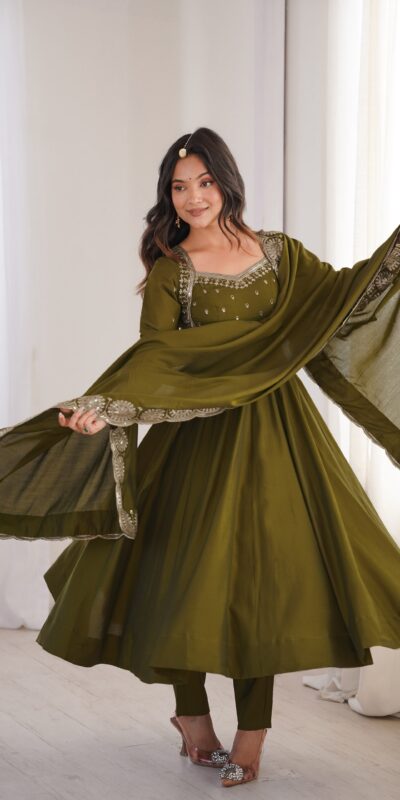 Glowing Mehendi Roman Silk Embroidery Work Anarkali Suit