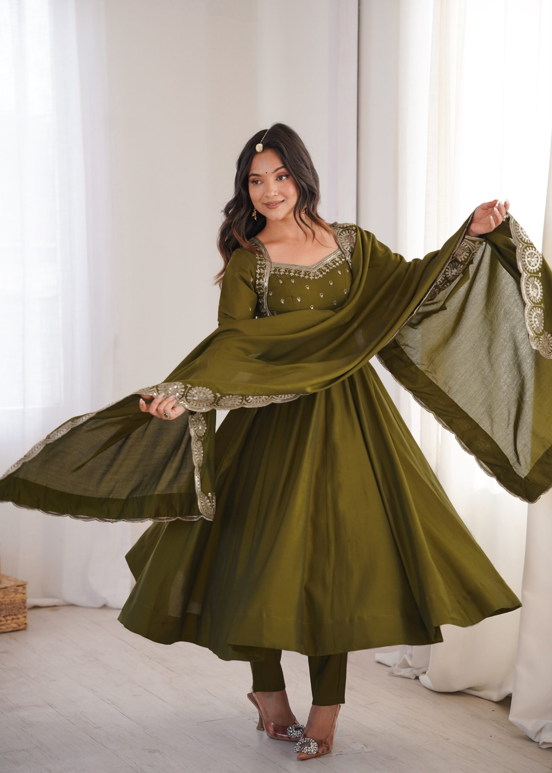 Glowing Mehendi Roman Silk Embroidery Work Anarkali Suit