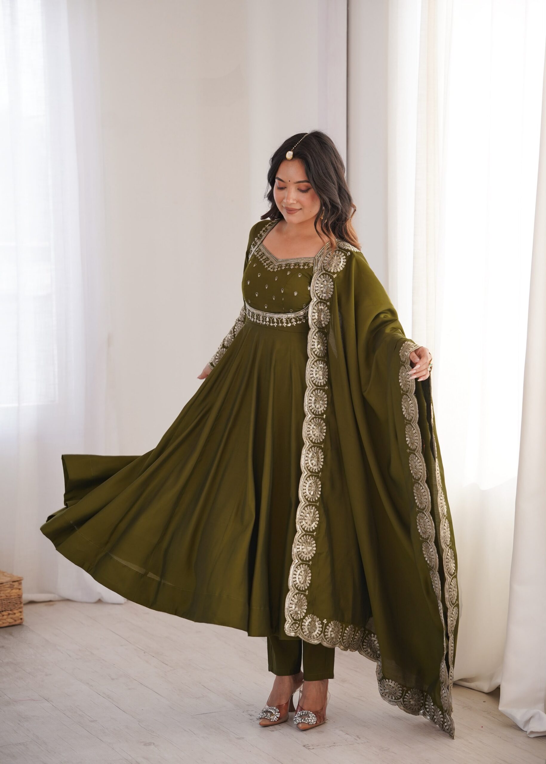 Glowing Mehendi Roman Silk Embroidery Work Anarkali Suit