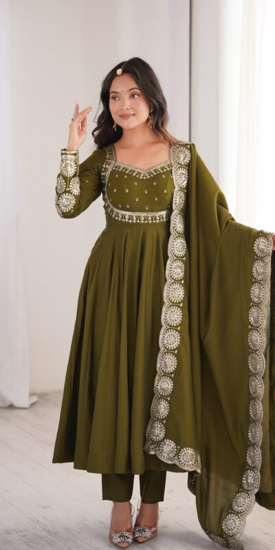 Glowing Mehendi Roman Silk Embroidery Work Anarkali Suit