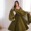 Glowing Mehendi Roman Silk Embroidery Work Anarkali Suit