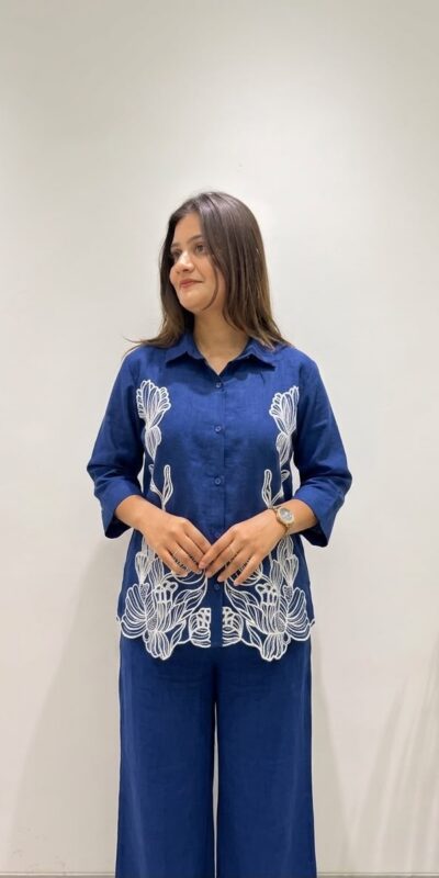 Glowing Navy Blue Cotton Denim Embroidery Work Kurti