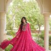 Glowing Pink Faux Georgette Bandhani Print Work Gown
