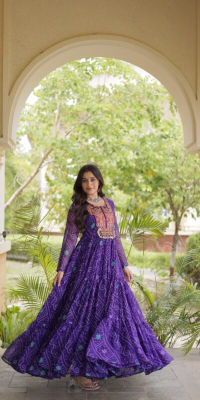 Glowing Purple Faux Georgette Bandhani Print Work Gown