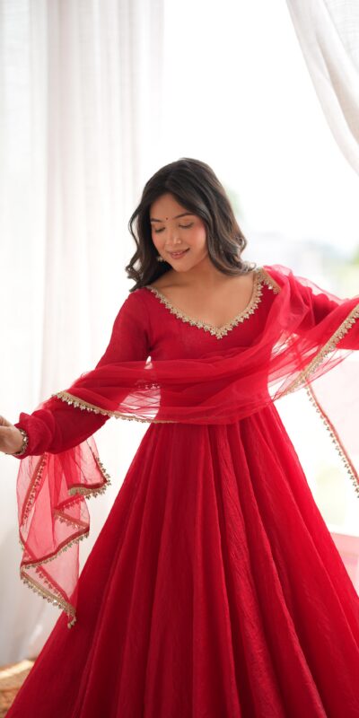 Glowing Red Doremon Crush Mirror Work Gown