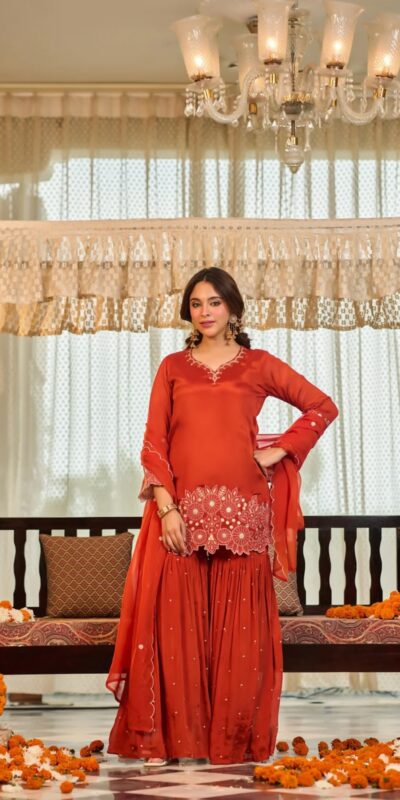 Glowing Rust Chinon Silk Sequence Work Salwar Suit