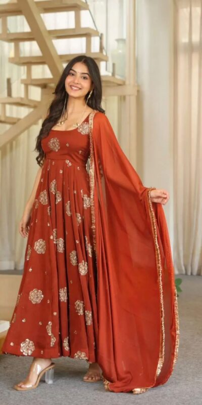 Glowing Rust Doremon Crush Thread Work Gown