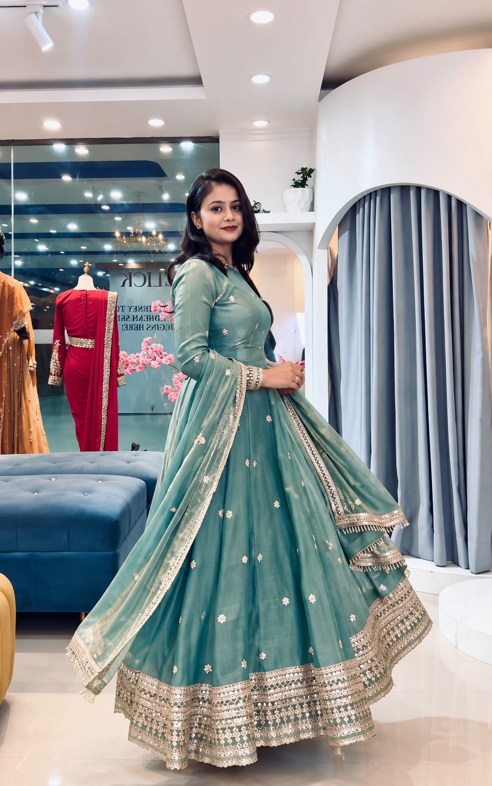 Glowing Teal Fendy Silk Sequins Work Gown