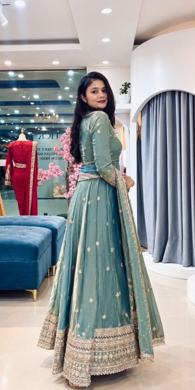 Glowing Teal Fendy Silk Sequins Work Gown
