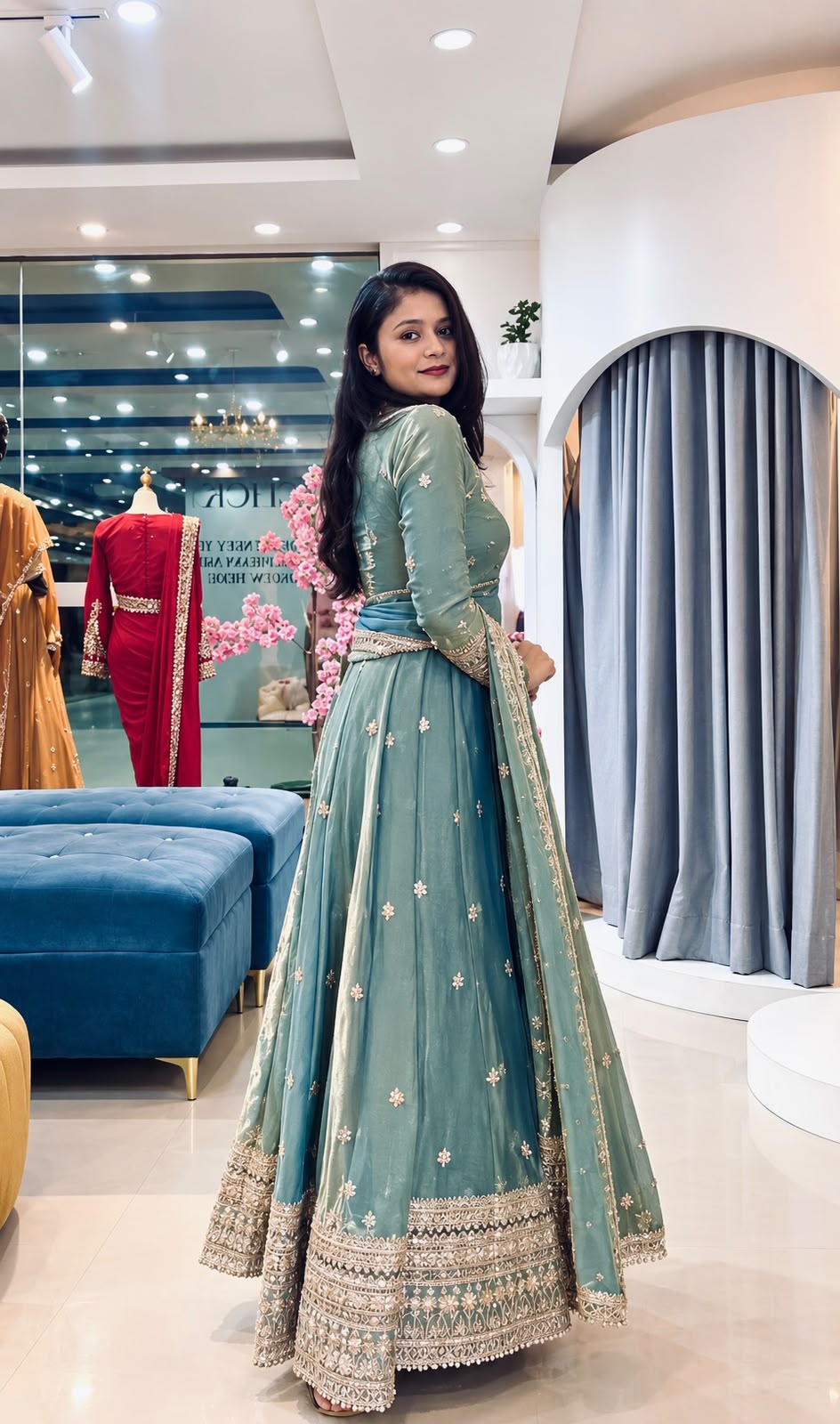 Glowing Teal Fendy Silk Sequins Work Gown