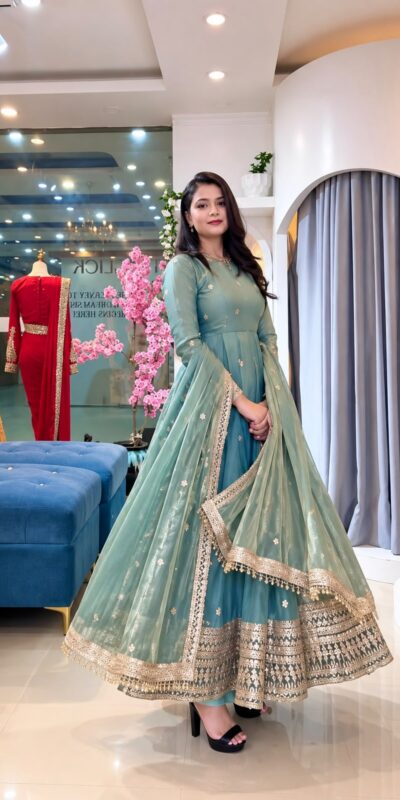 Glowing Teal Fendy Silk Sequins Work Gown