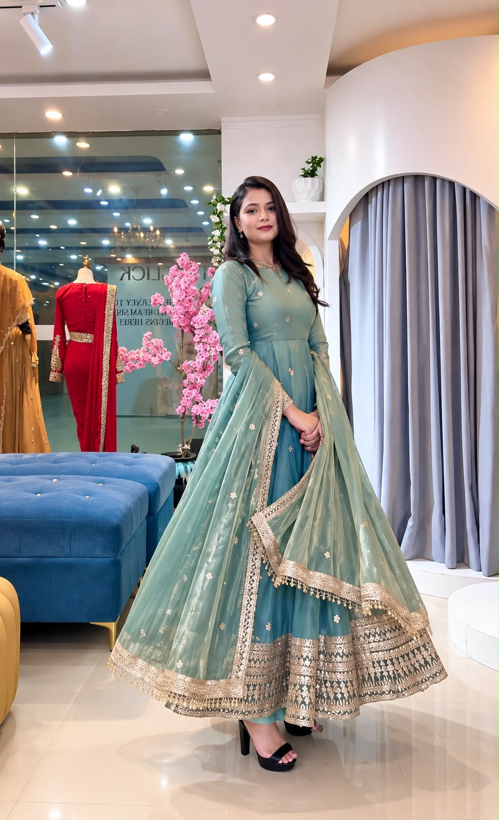 Glowing Teal Fendy Silk Sequins Work Gown