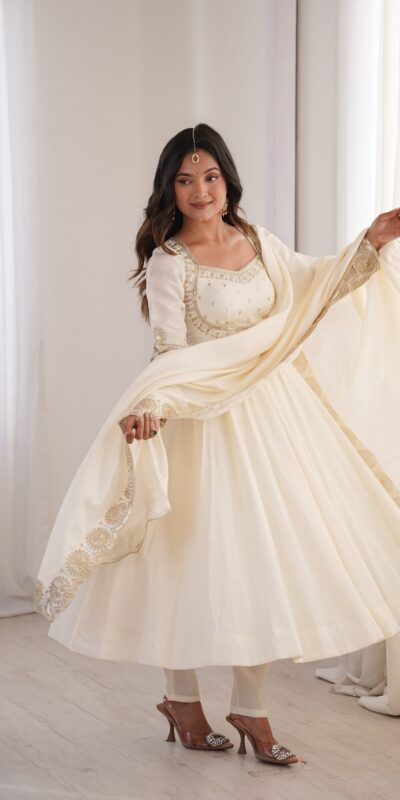 Glowing White Roman Silk Embroidery Work Anarkali Suit