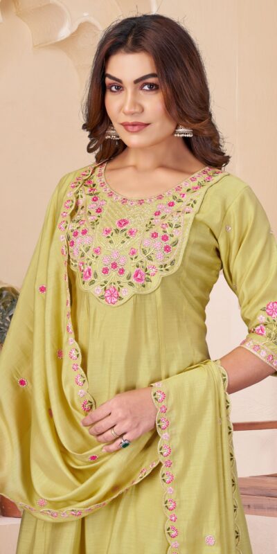Glowing Yellow Mal Chanderi Thread Work Salwar Suit