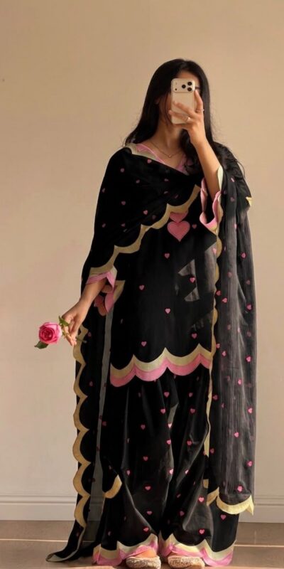 Graceful Black Mul Chanderi Silk Embroidery Work Salwar Sui