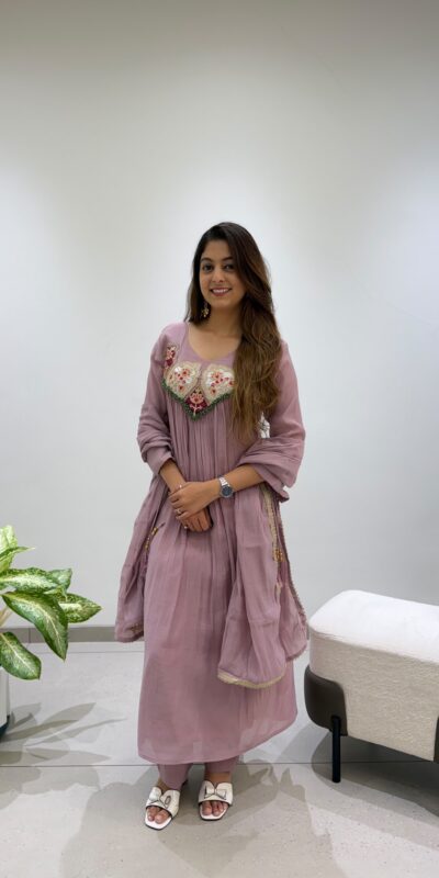 Graceful Lavender Mul Chanderi Embroidery Work Salwar Suit