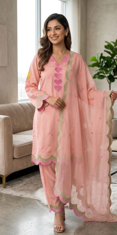 Graceful Peach Mul Chanderi Silk Embroidery Work Salwar Suit