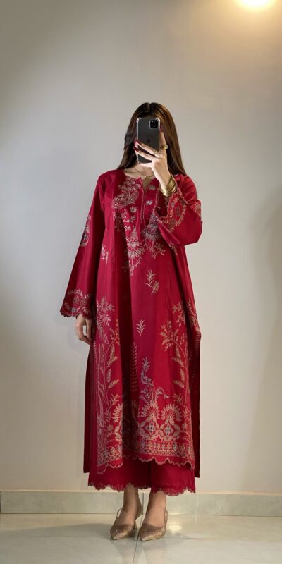 Graceful Red Mul Chanderi Embroidery Work Salwar Suit