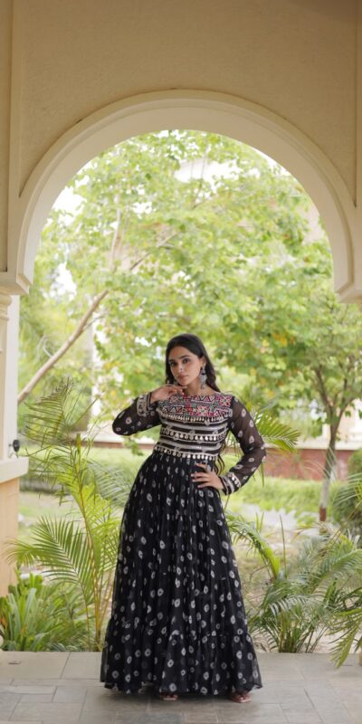 Great Black Faux Georgette Bandhani Kutchi Work Gown