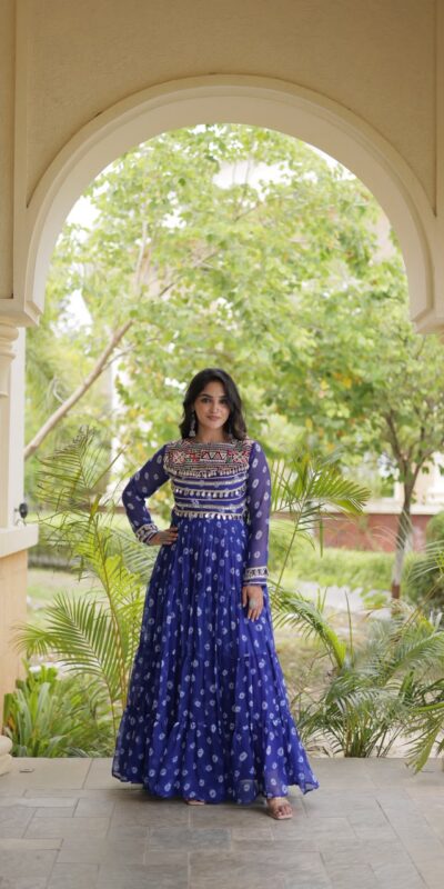 Great Blue Faux Georgette Bandhani Kutchi Work Gown