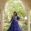Great Blue Faux Georgette Bandhani Kutchi Work Gown