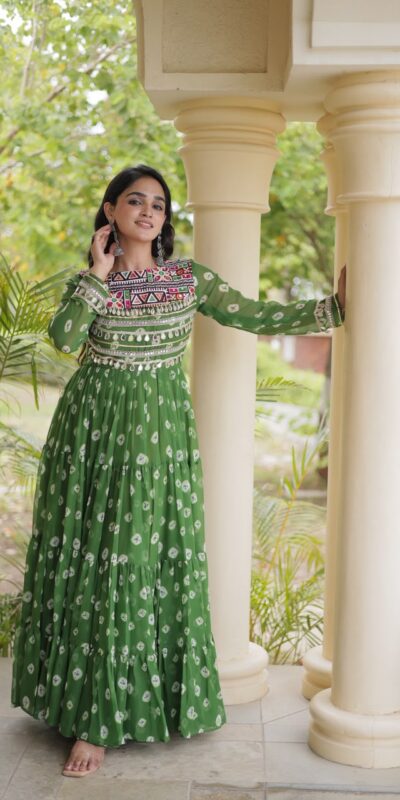 Great Green Faux Georgette Bandhani Kutchi Work Gown