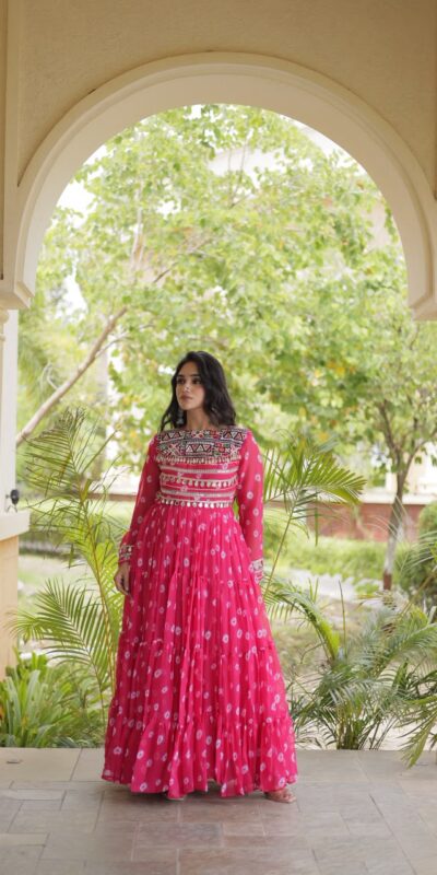 Great Pink Faux Georgette Bandhani Kutchi Work Gown