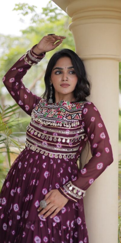 Great Wine Faux Georgette Bandhani Kutchi Work Gown