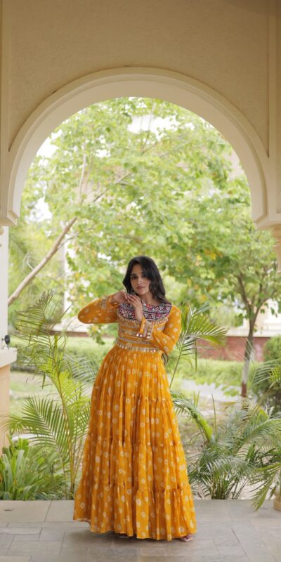 Great Yellow Faux Georgette Bandhani Kutchi Work Gown
