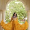 Great Yellow Faux Georgette Bandhani Kutchi Work Gown